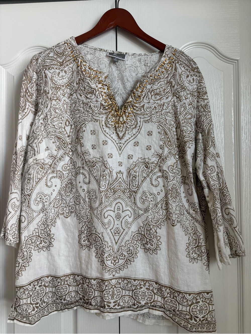 JM Collection Cream Tunic with Gold Paisley Accents